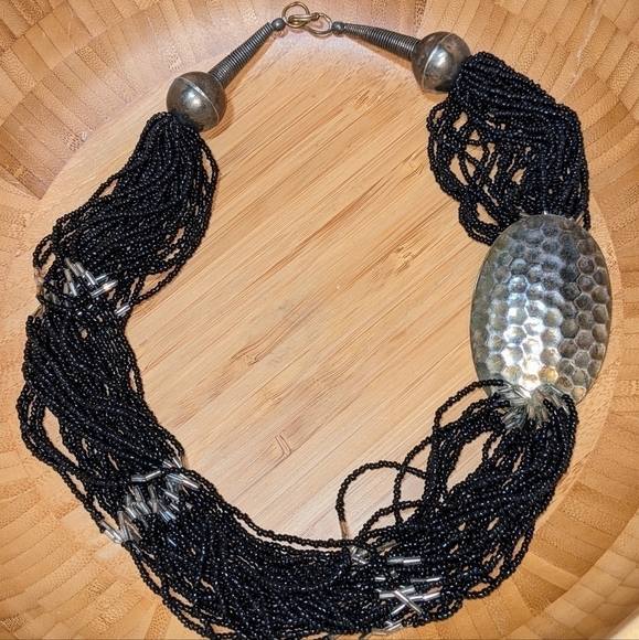 Vintage Layered Black Bead and Silver Statement Necklace - Picture 2 of 8